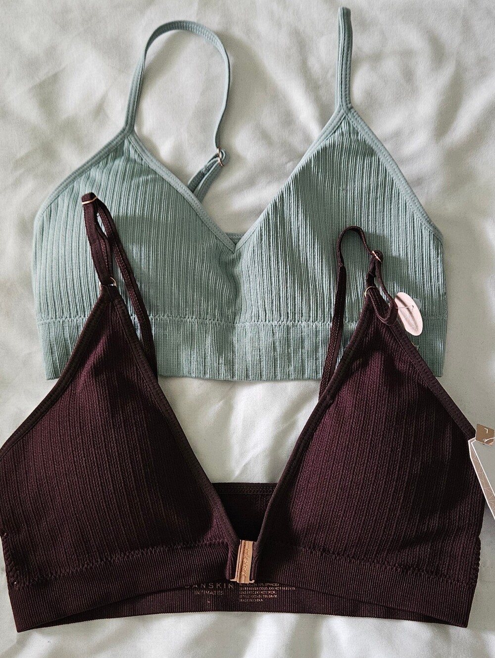 Danskin Seamless Ribbed Bralette Pack - Sage Green & Deep Plum, L